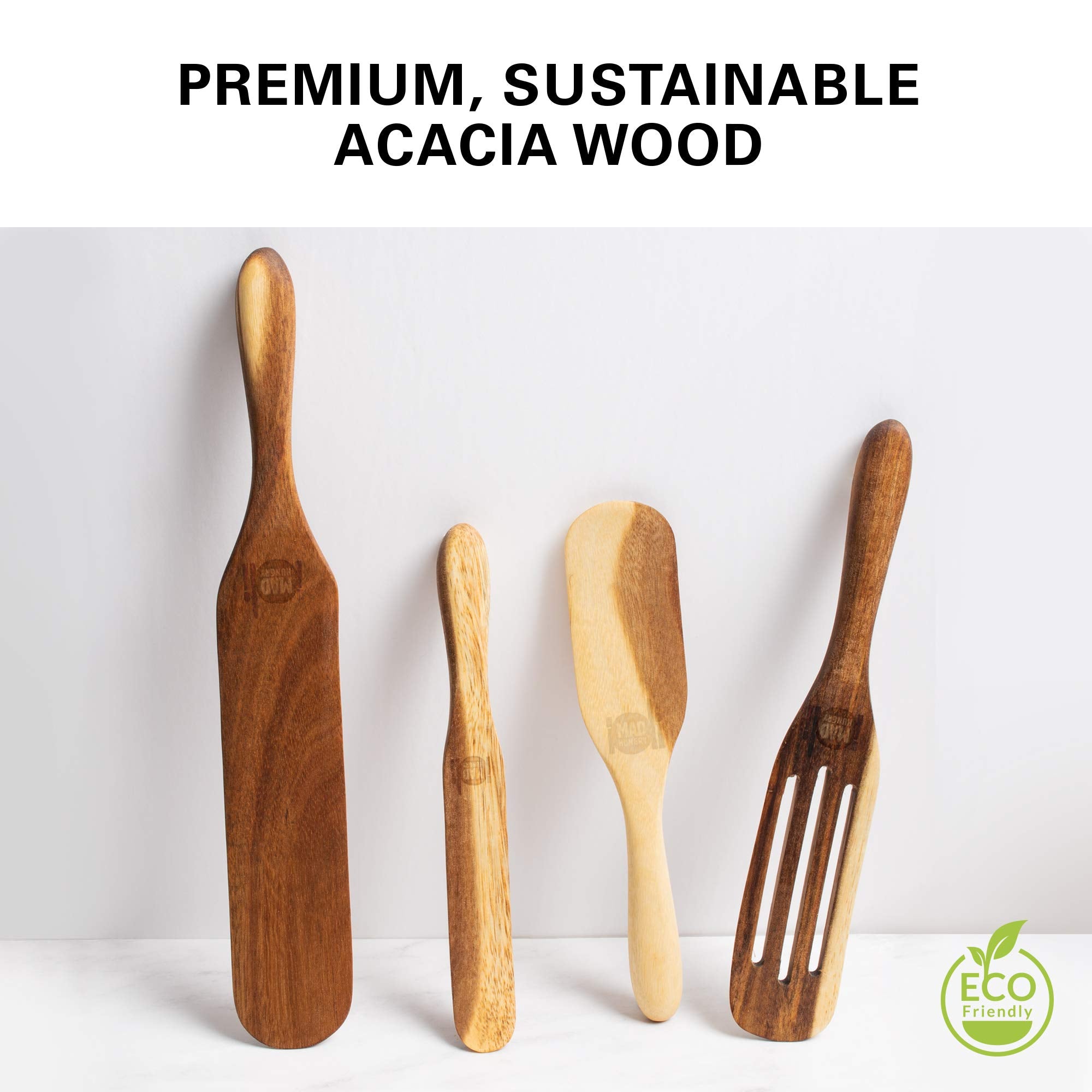 Mad Hungry Spurtles crafted from sustainable acacia wood protect cookware.