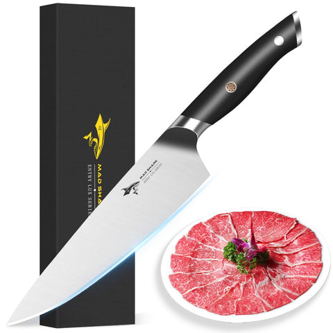 MAD SHARK 8-Inch Chef Knife blade close-up shows razor-sharp edge for precise slicing