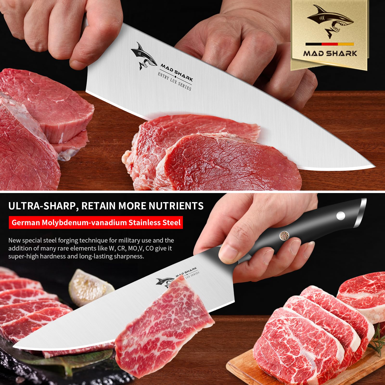 MAD SHARK 8-Inch Chef Knife close view of the sharp edge for clean cuts