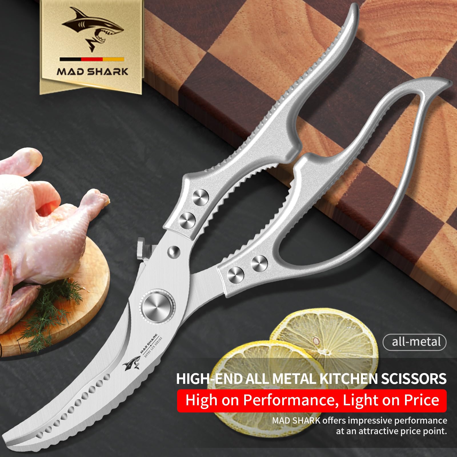 MAD SHARK spring-loaded action enables one-handed operation even with greasy fingers.