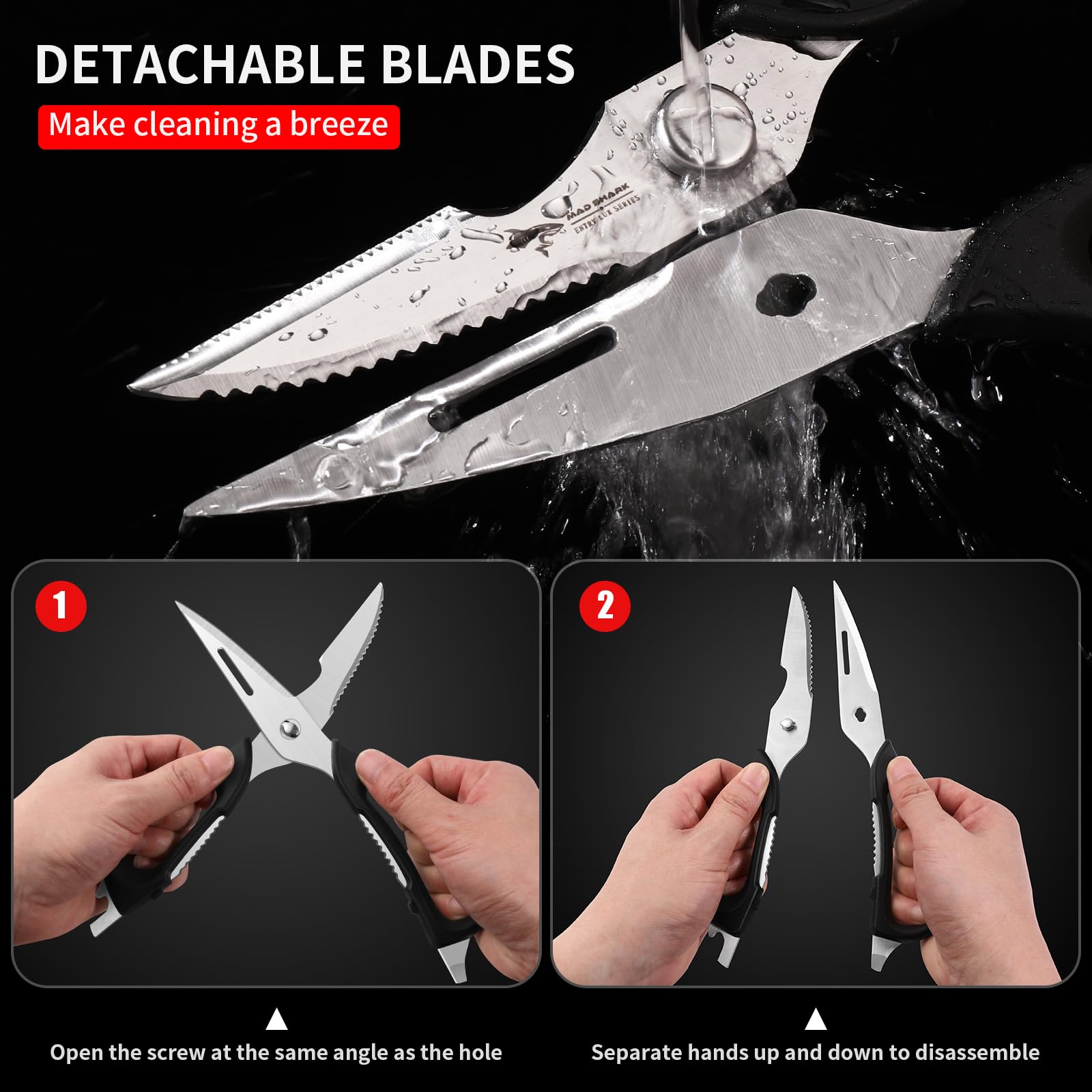 MAD SHARK kitchen scissors peeler-slot enables quick carrot and cucumber peeling.