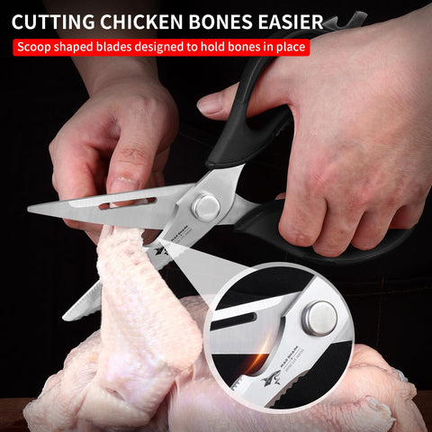 MAD SHARK kitchen scissors serrated-edge fish-scaler tackles fish scales with ease.