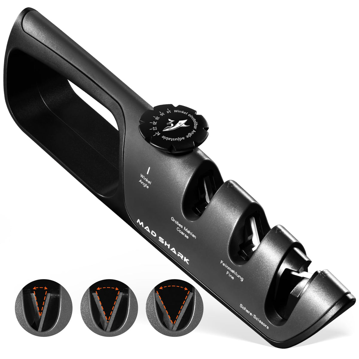 MAD SHARK knife sharpener with adjustable angle dial for precise edge setup.