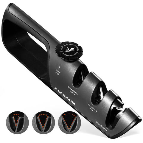 MAD SHARK knife sharpener with adjustable angle dial for precise edge setup.