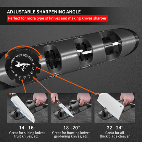 MAD SHARK knife sharpener coarse slot refines blades for faster sharpening.