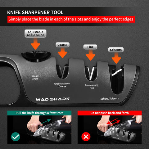 MAD SHARK knife sharpener ergonomic handle improves grip during use.
