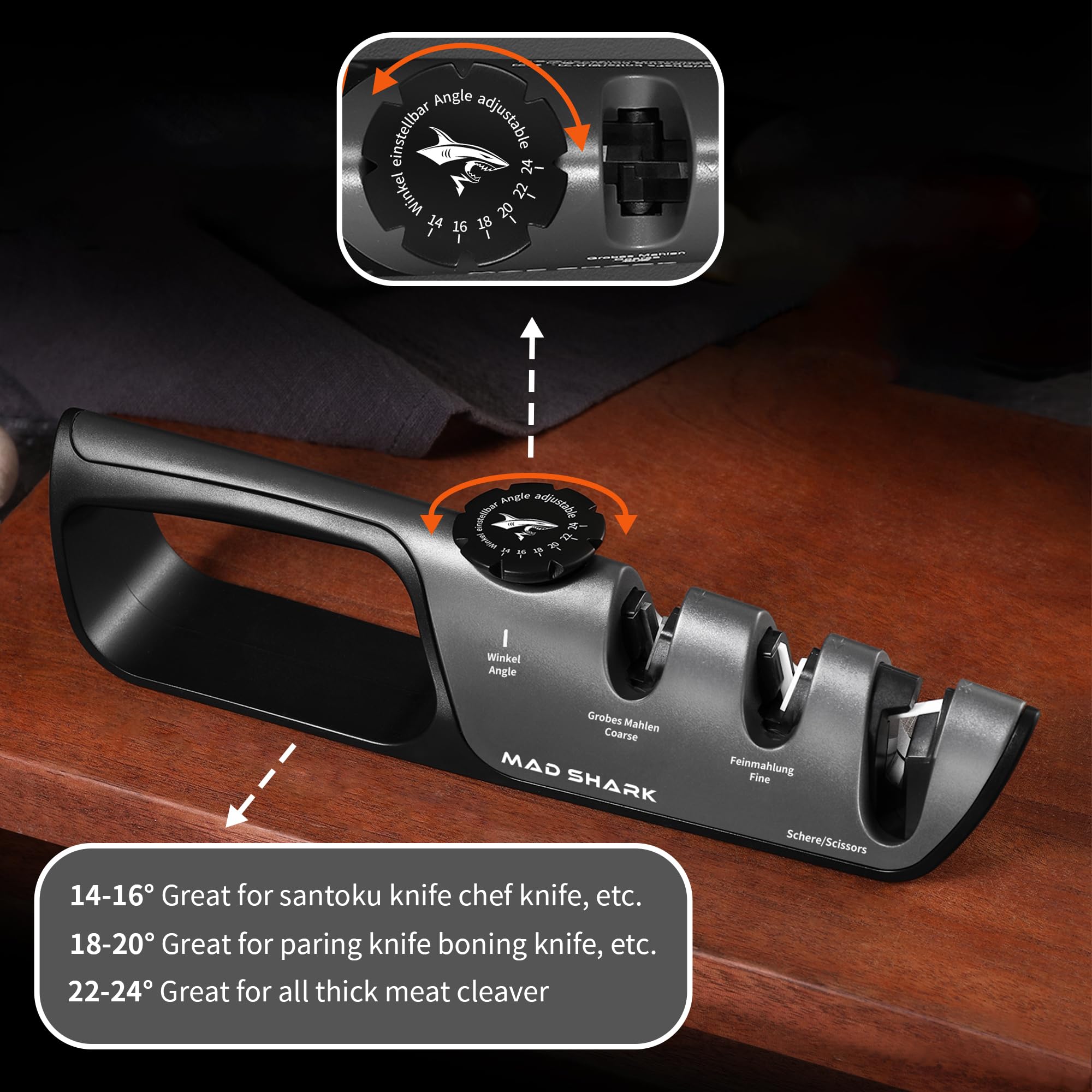MAD SHARK knife sharpener scissor slot keeps blades aligned safely.