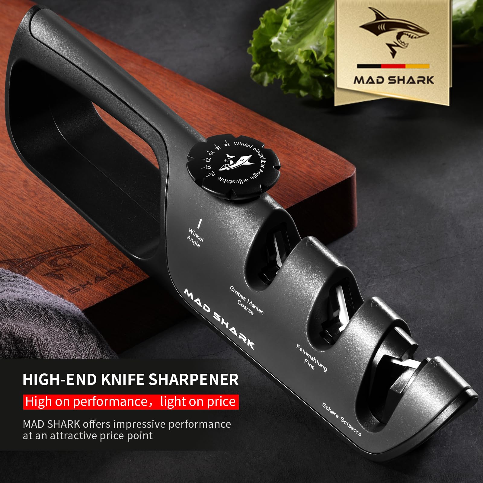 MAD SHARK knife sharpener silicone base stabilizes on countertops.