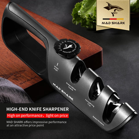 MAD SHARK knife sharpener silicone base stabilizes on countertops.