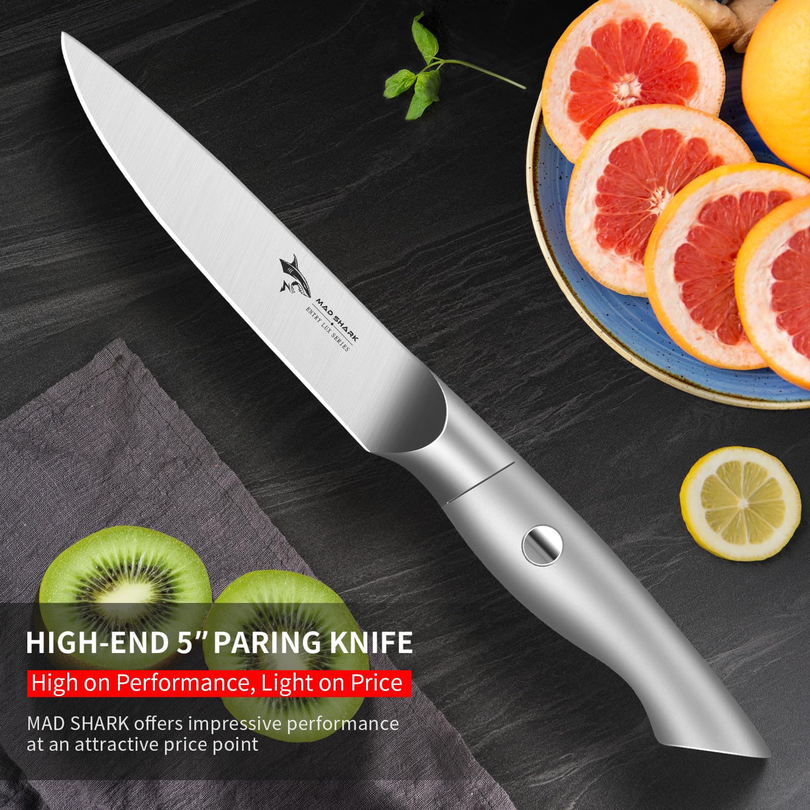 MAD SHARK 5-inch paring knife, dishwasher-safe for easy cleanup.