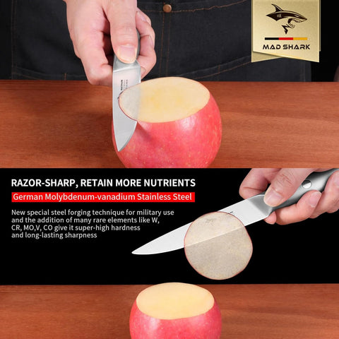 MAD SHARK paring knife with ergonomic handle, comfortable grip in use.