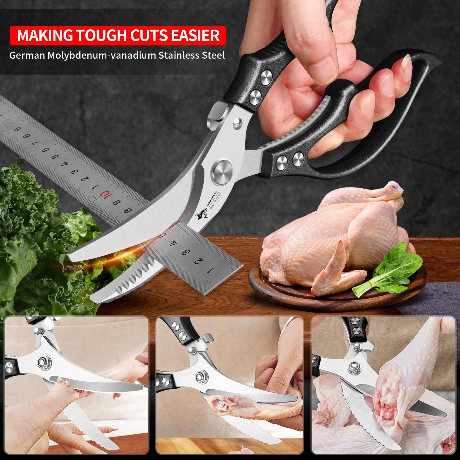 MAD SHARK poultry shears safety lock ensures secure storage.