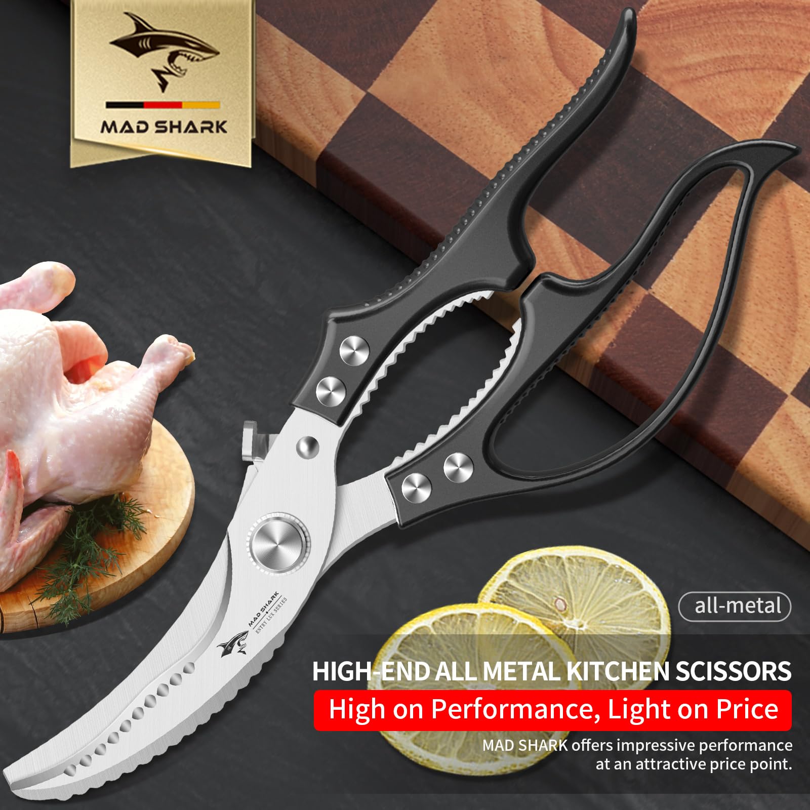 MAD SHARK poultry shears versatile for pizza, bacon, and more.
