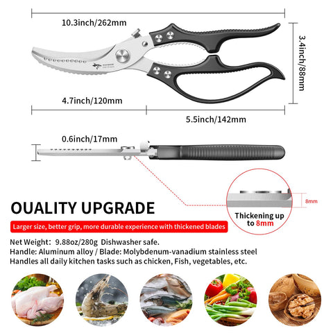 MAD SHARK poultry shears spring-loaded action enables easy one-handed use.