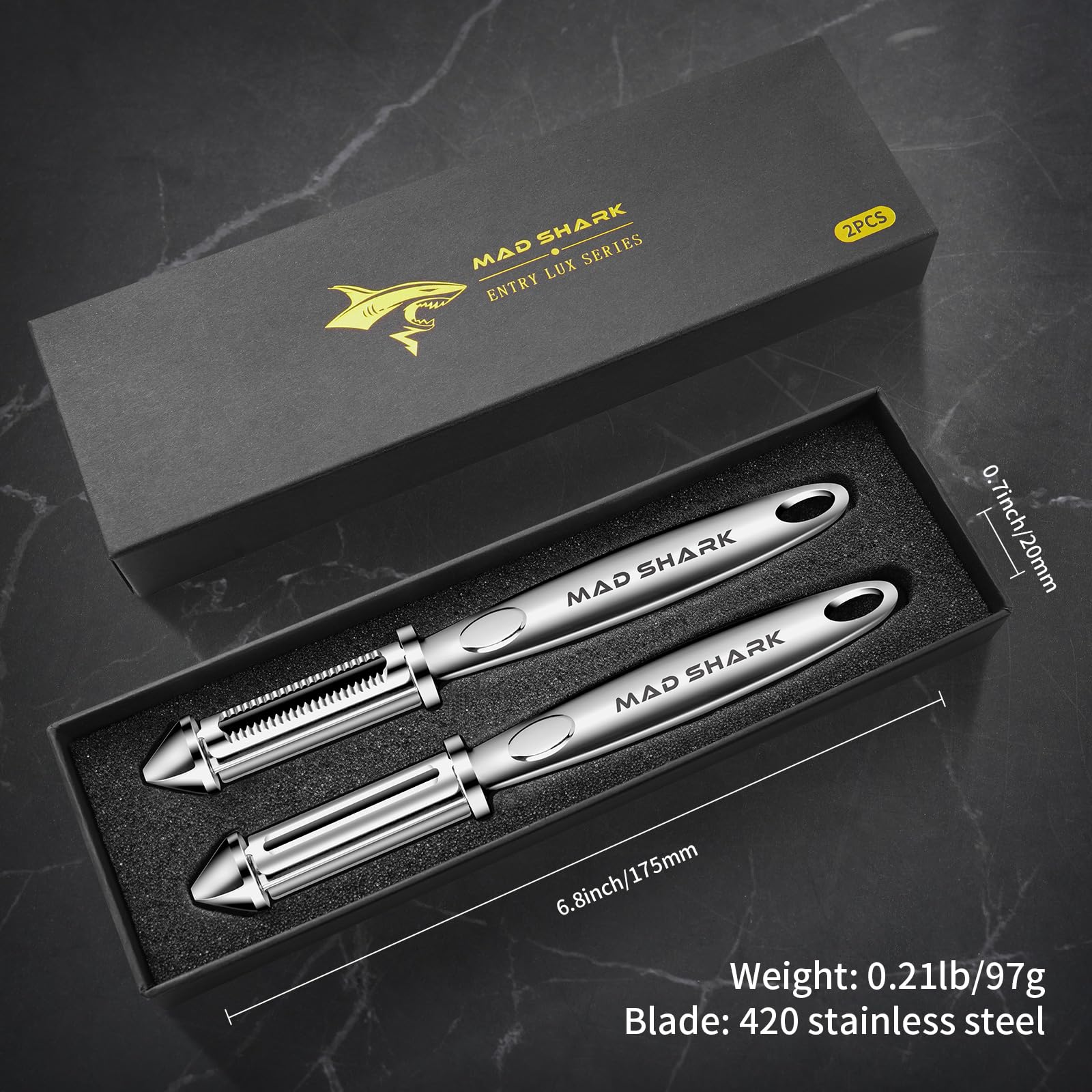 MAD SHARK Ultra Sharp Peeler serrated blade delivers efficient skin removal.