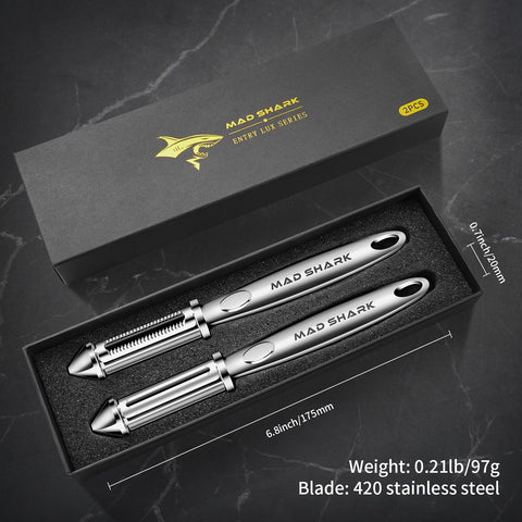 MAD SHARK Ultra Sharp Peeler serrated blade delivers efficient skin removal.