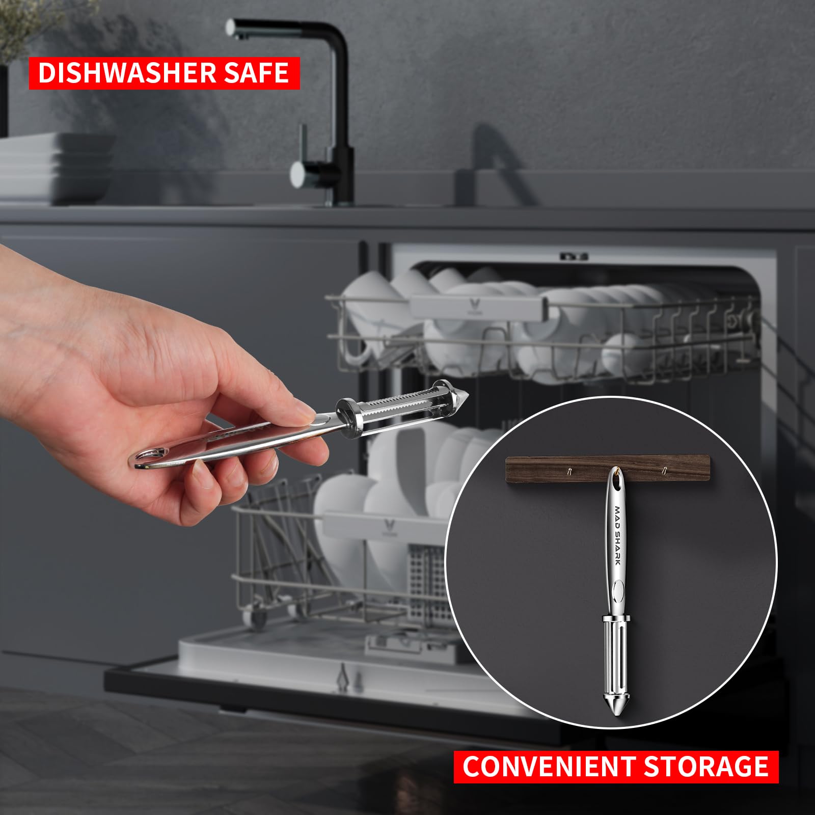 MAD SHARK dishwasher-safe feature shown with quick rinse