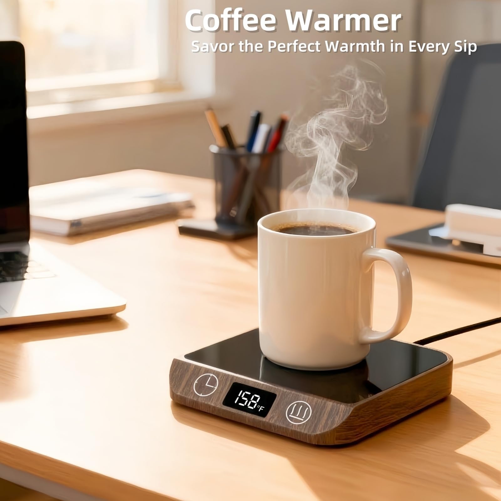 MADCKDEDRT Mug Warmer close-up of 6 temperature settings from 113°F to 158°F