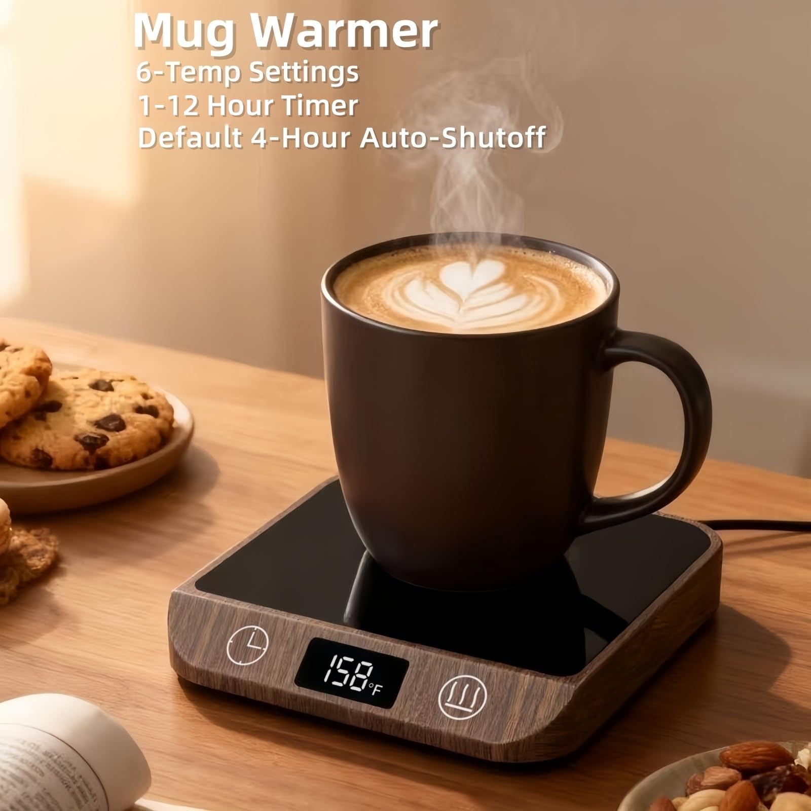 MADCKDEDRT Mug Warmer temperature control panel highlights six settings for precise heat