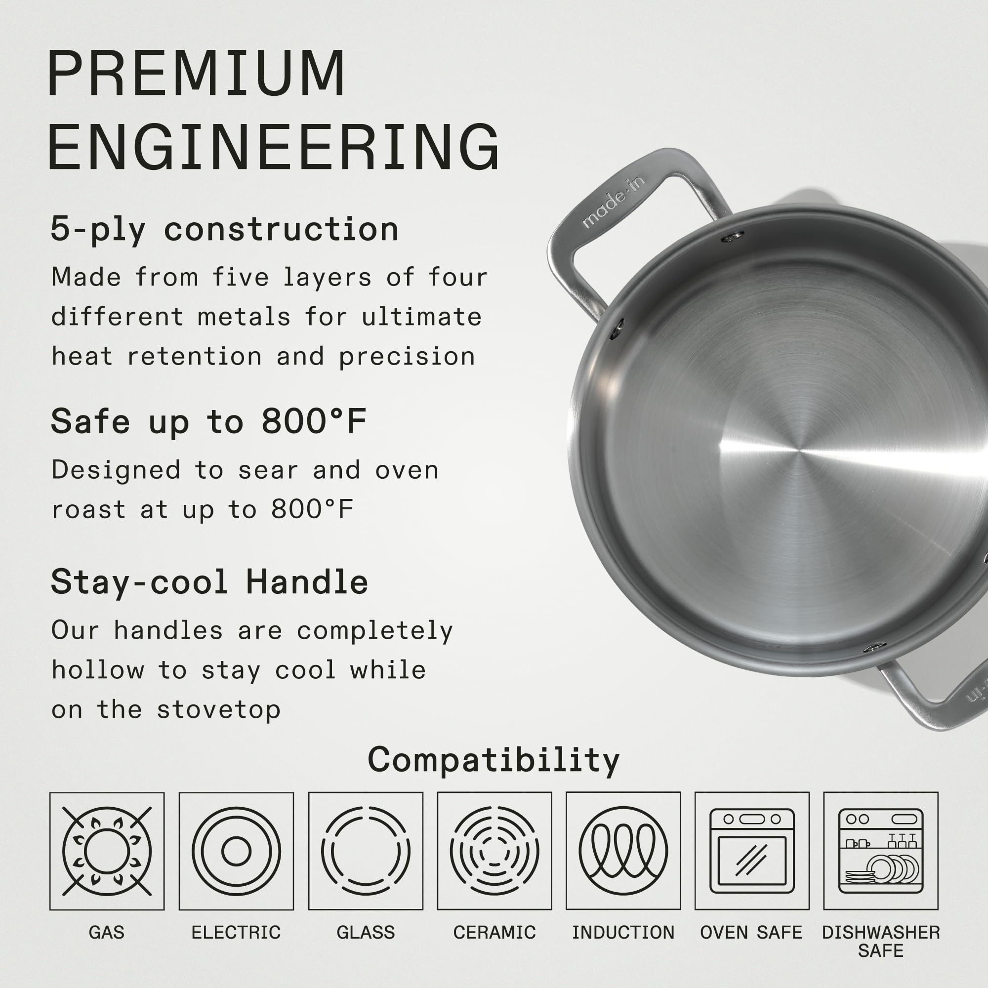 Made In 5-ply stainless clad construction ensures durable, consistent cooking.