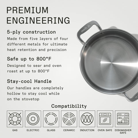 Made In 5-ply stainless clad construction ensures durable, consistent cooking.