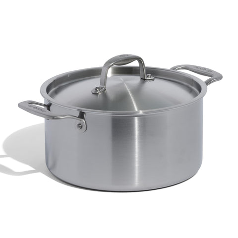 Made In 6-quart stock pot with stainless clad body for even heat distribution.