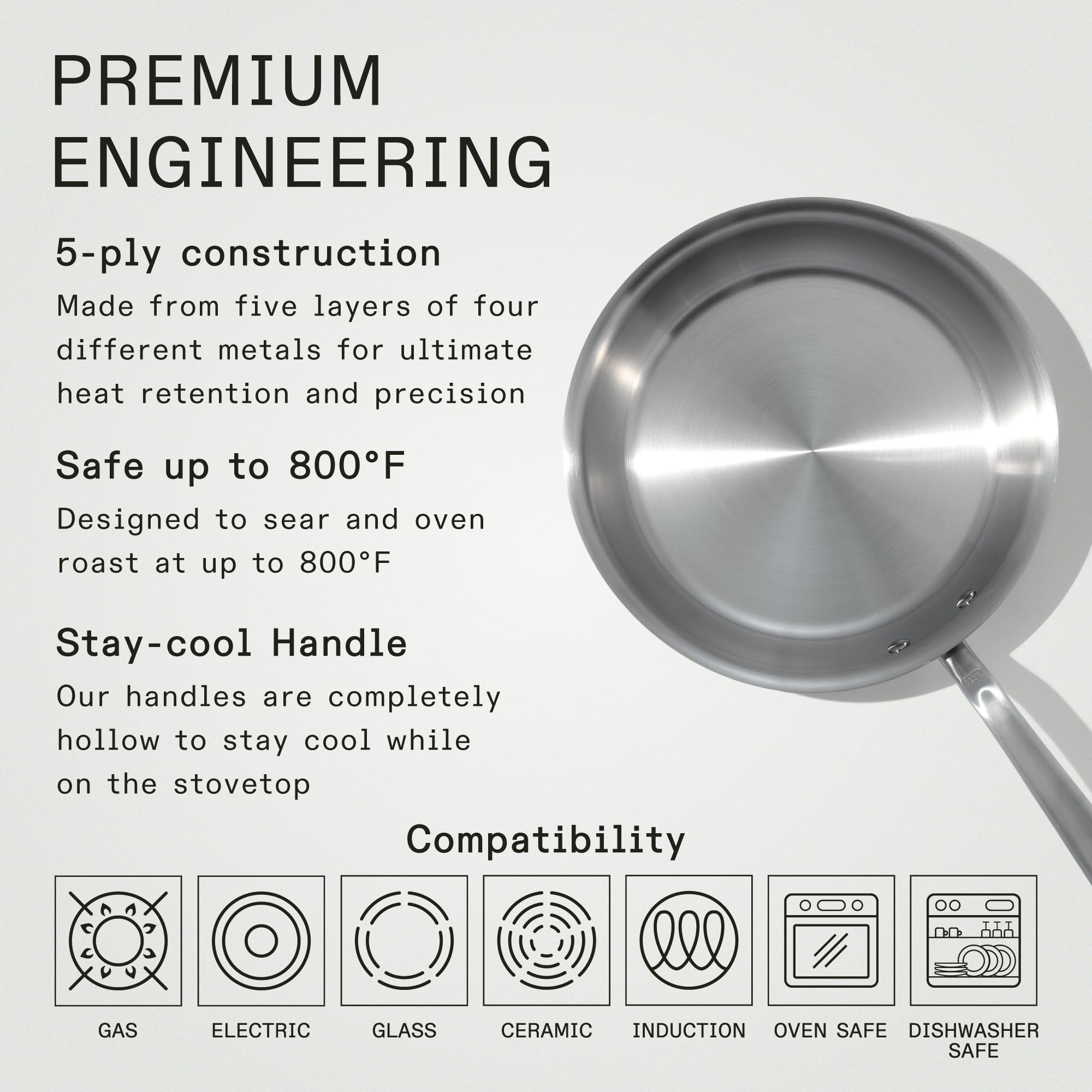 Made In 12-inch stainless frying pan ideal for family meals and large batches.