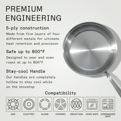 Made In 12-inch stainless frying pan ideal for family meals and large batches.