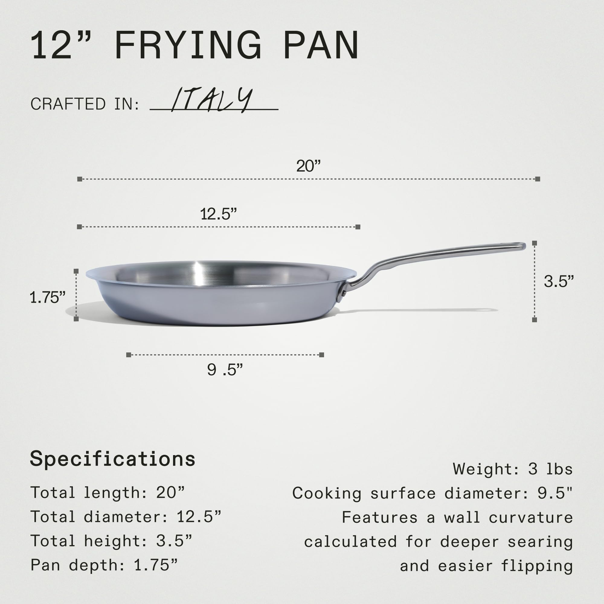 Five-layer clad design visible on Made In 12-inch pan supports premium heat distribution.