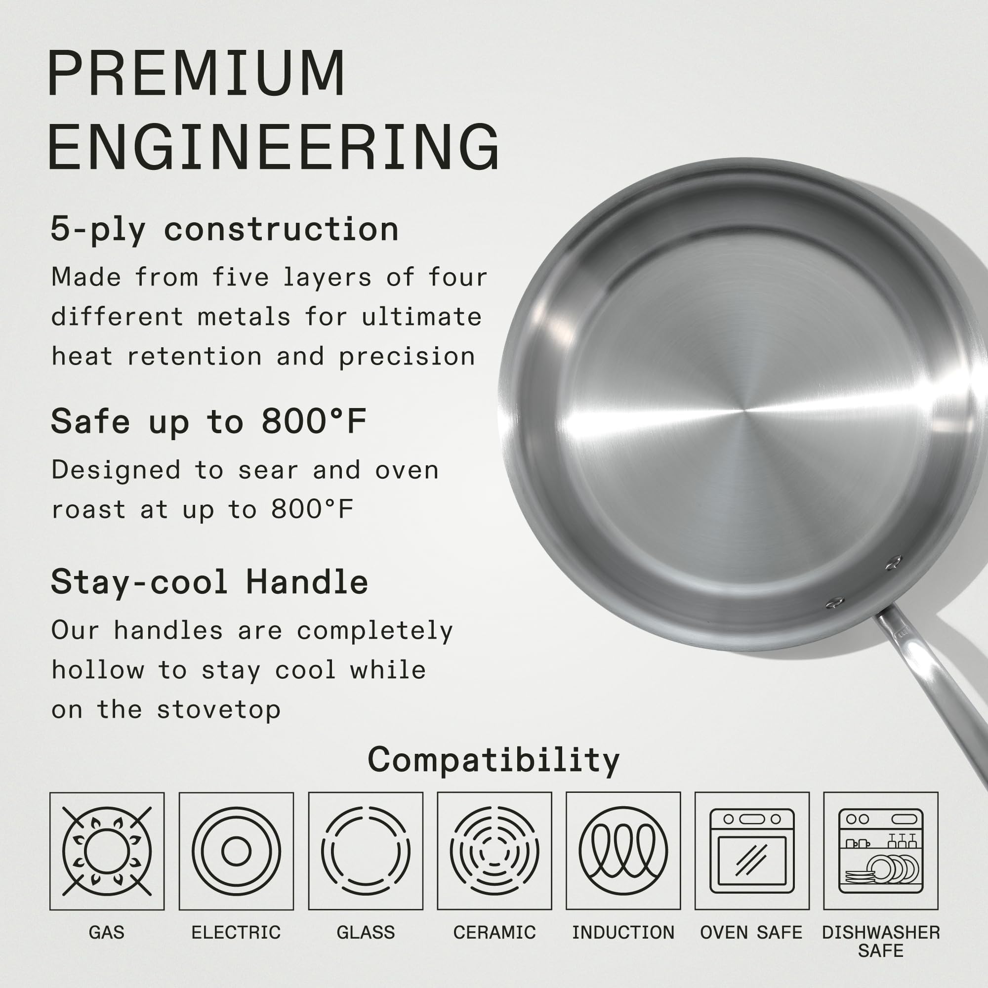 Induction-ready base on Made In 12-inch frying pan enabling versatile heating.