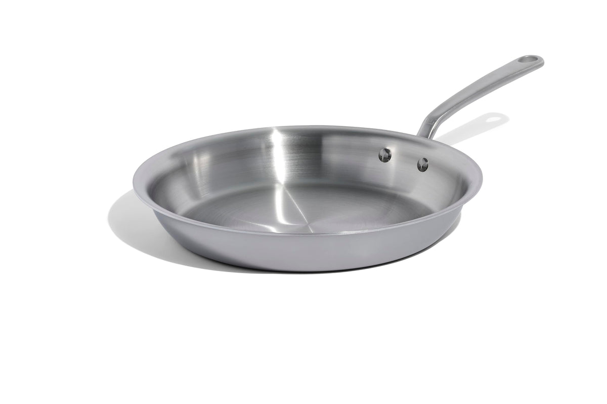Made In 12-inch frying pan top view showing five-layer clad construction for even heat.