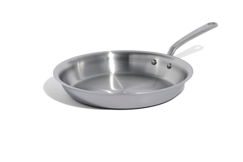 Made In 12-inch frying pan top view showing five-layer clad construction for even heat.