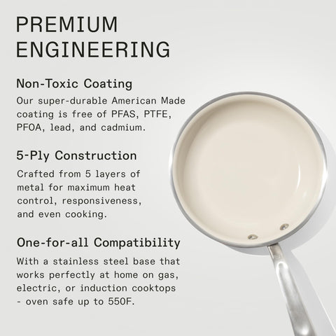 Made In 5-ply clad construction delivers even heat and responsive control.