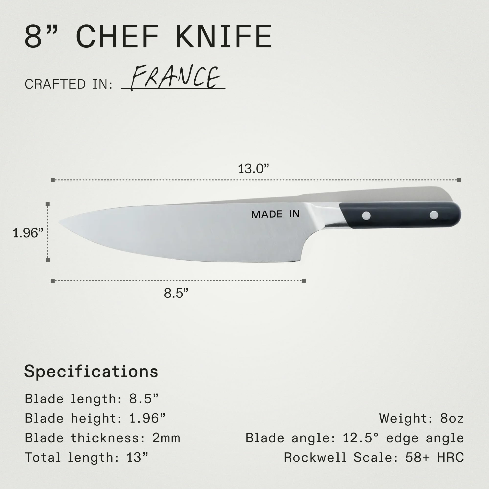 Made In 8-inch Chef Knife in daily prep use on vegetables showcasing versatility.