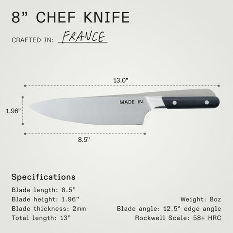 Made In 8-inch Chef Knife in daily prep use on vegetables showcasing versatility.