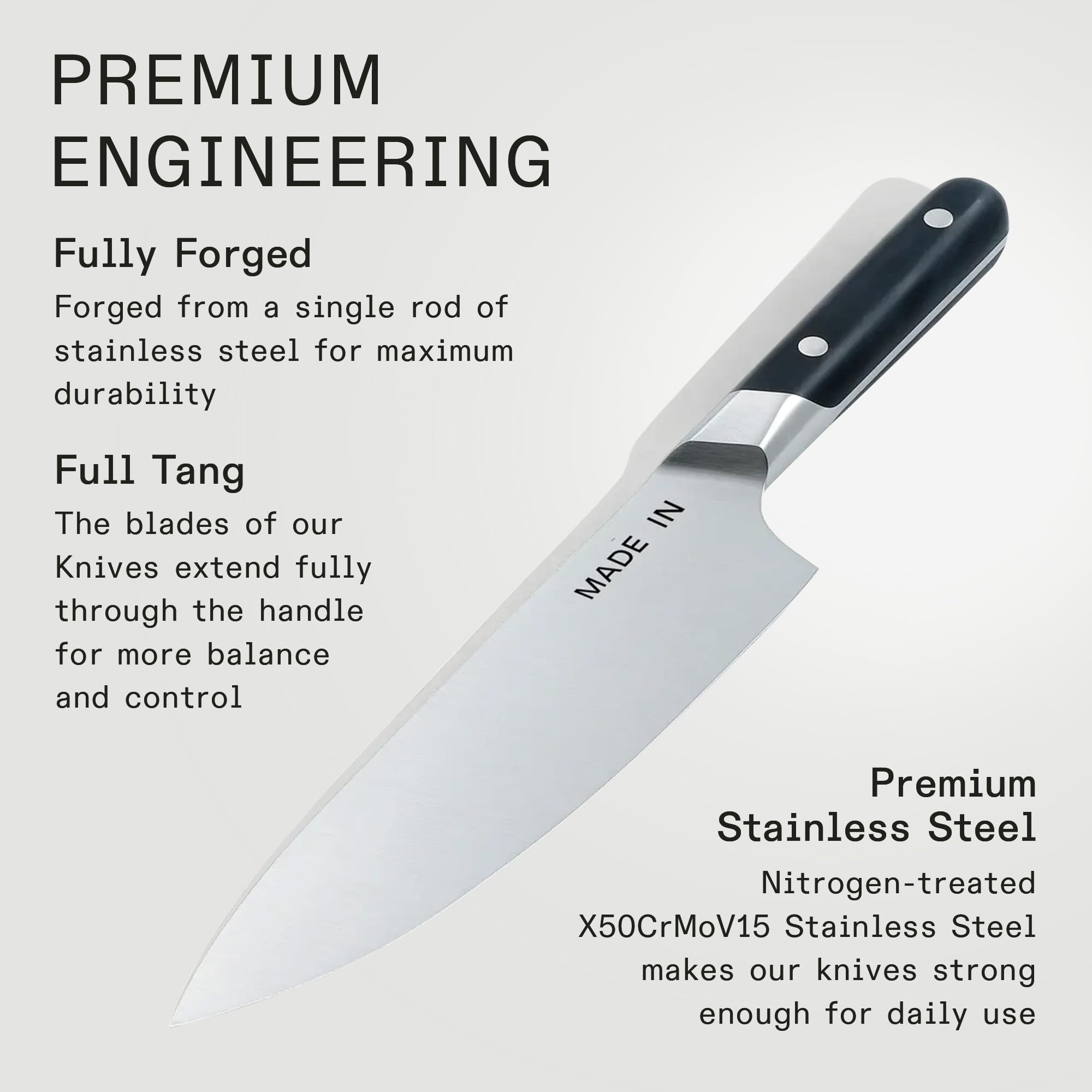 Made In 8-inch Chef Knife forged blade highlight for long-lasting performance.