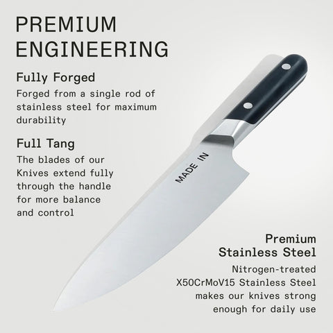 Made In 8-inch Chef Knife forged blade highlight for long-lasting performance.