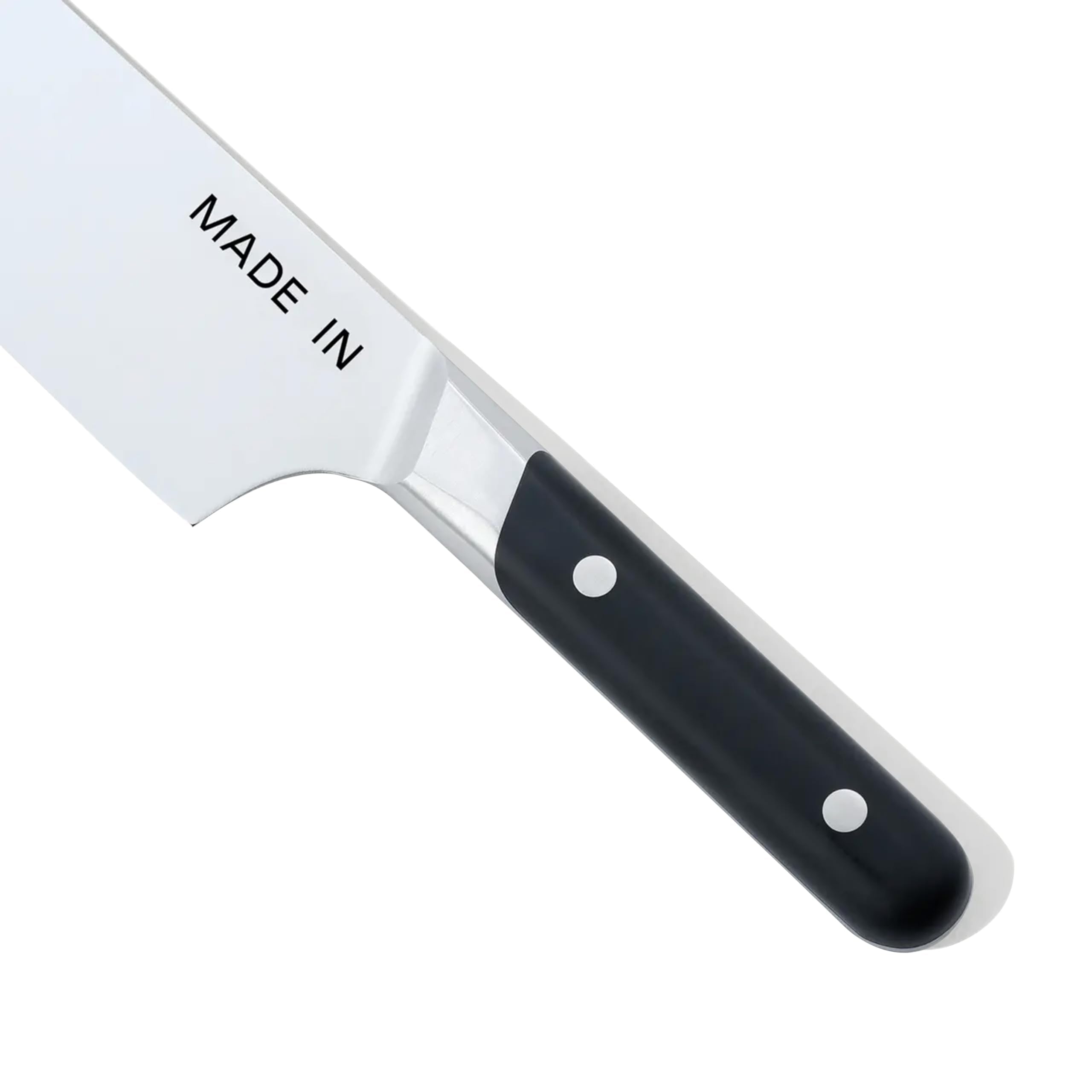 Made In 8-inchChef Knife handle full tang visible for balanced control.