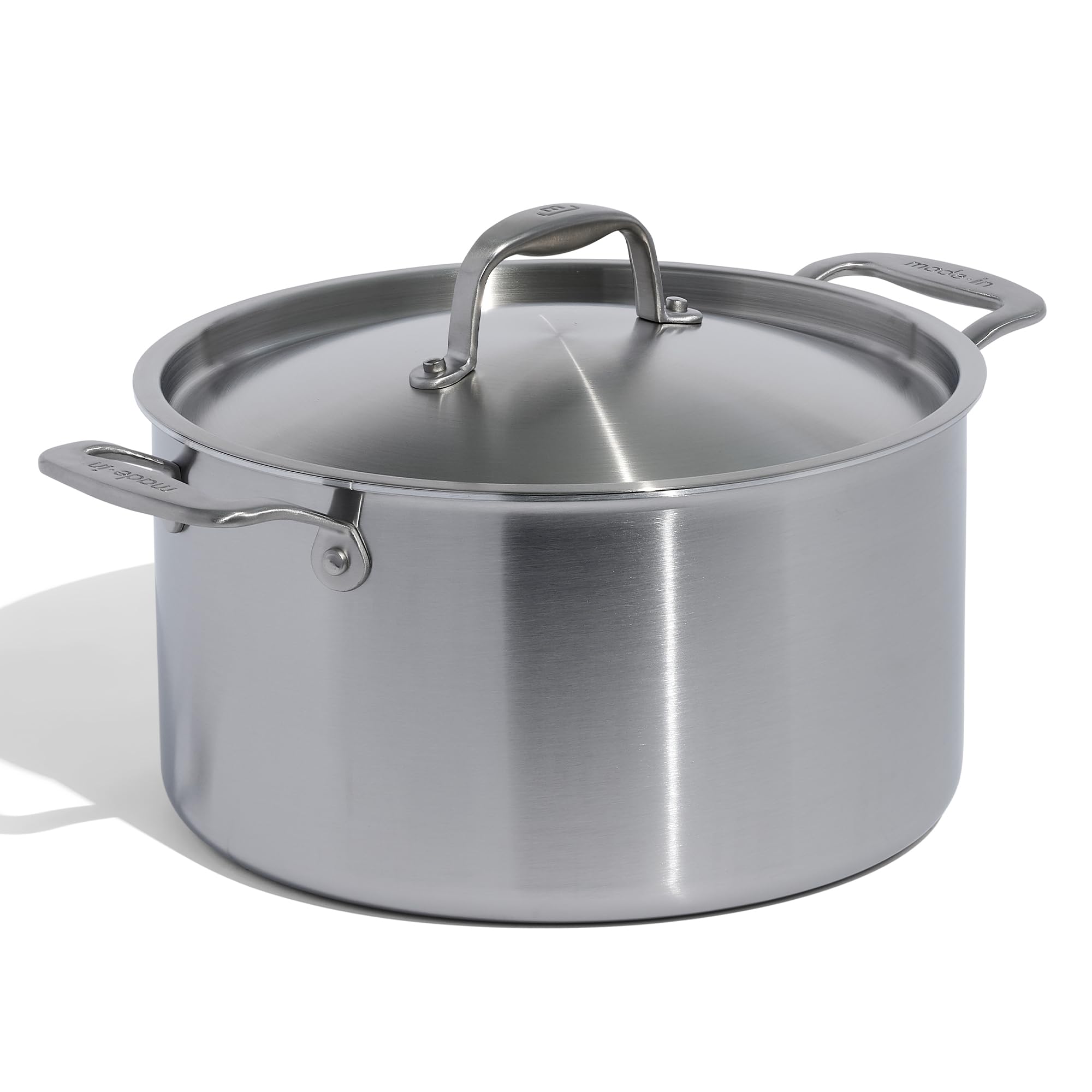 Made In 8-quart stock pot with lid for even heat and versatile cooking.