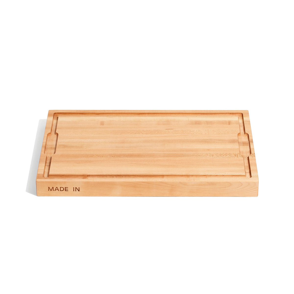 Made In butcher's block maple edge-grain top view shows a durable prep surface for chopping.