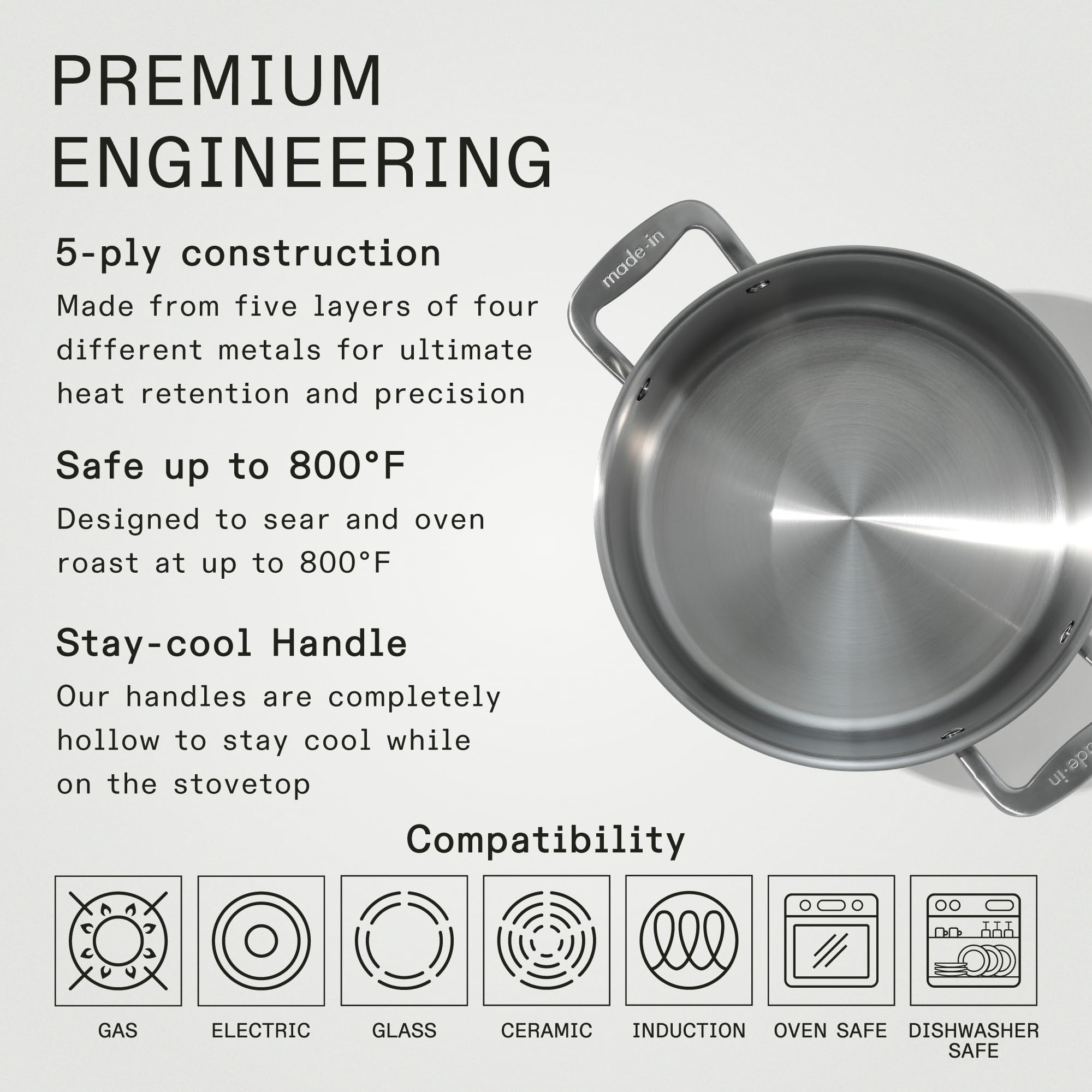 Made In stock pot with aluminum core for fast heating and precise simmering.