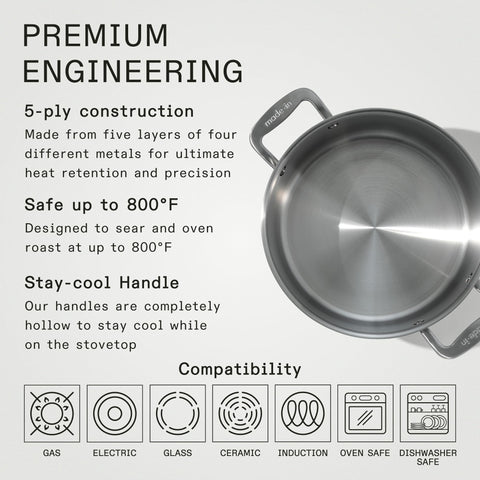 Made In stock pot with aluminum core for fast heating and precise simmering.