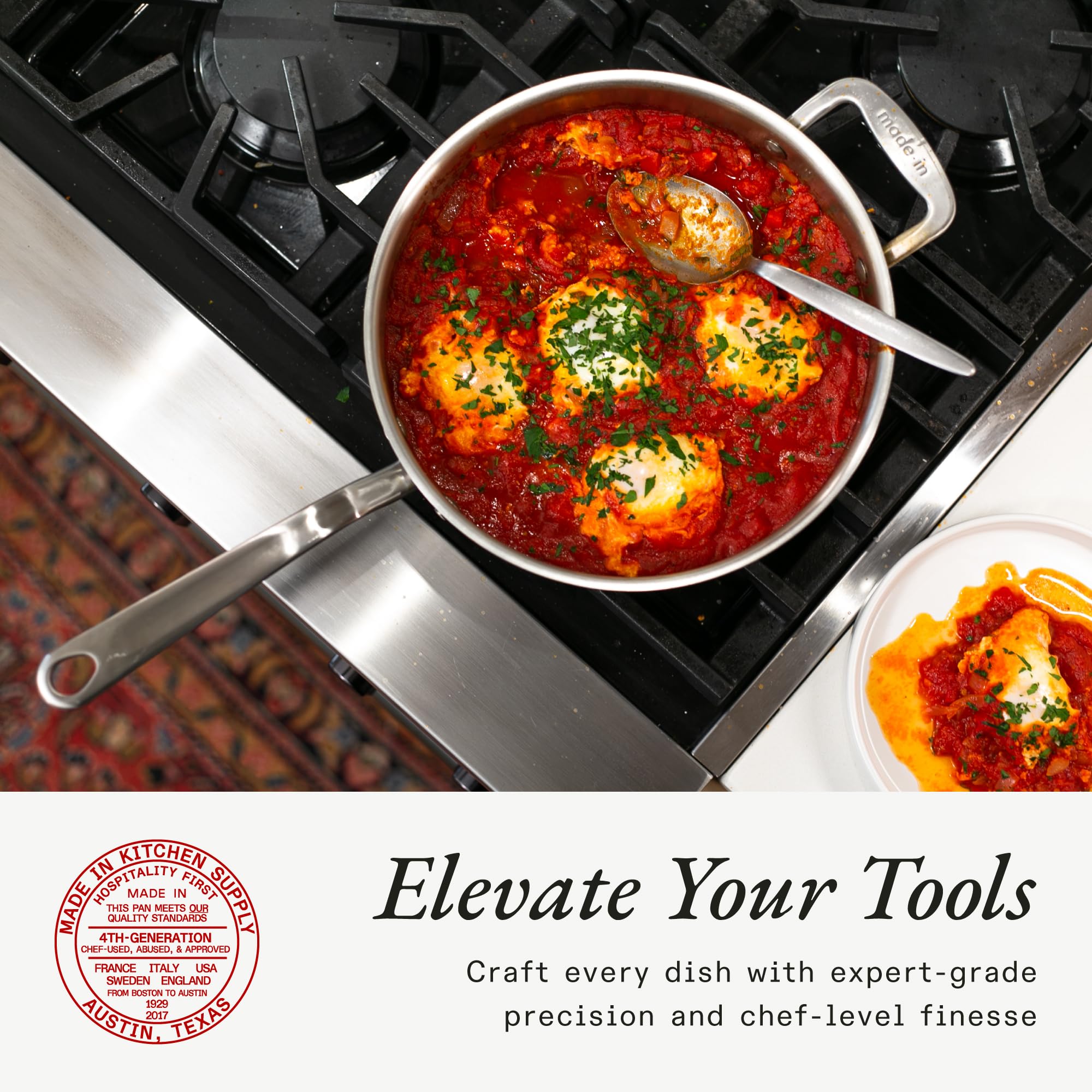 Made In induction-ready sauté pan on a cooktop confirms compatibility across modern stoves.