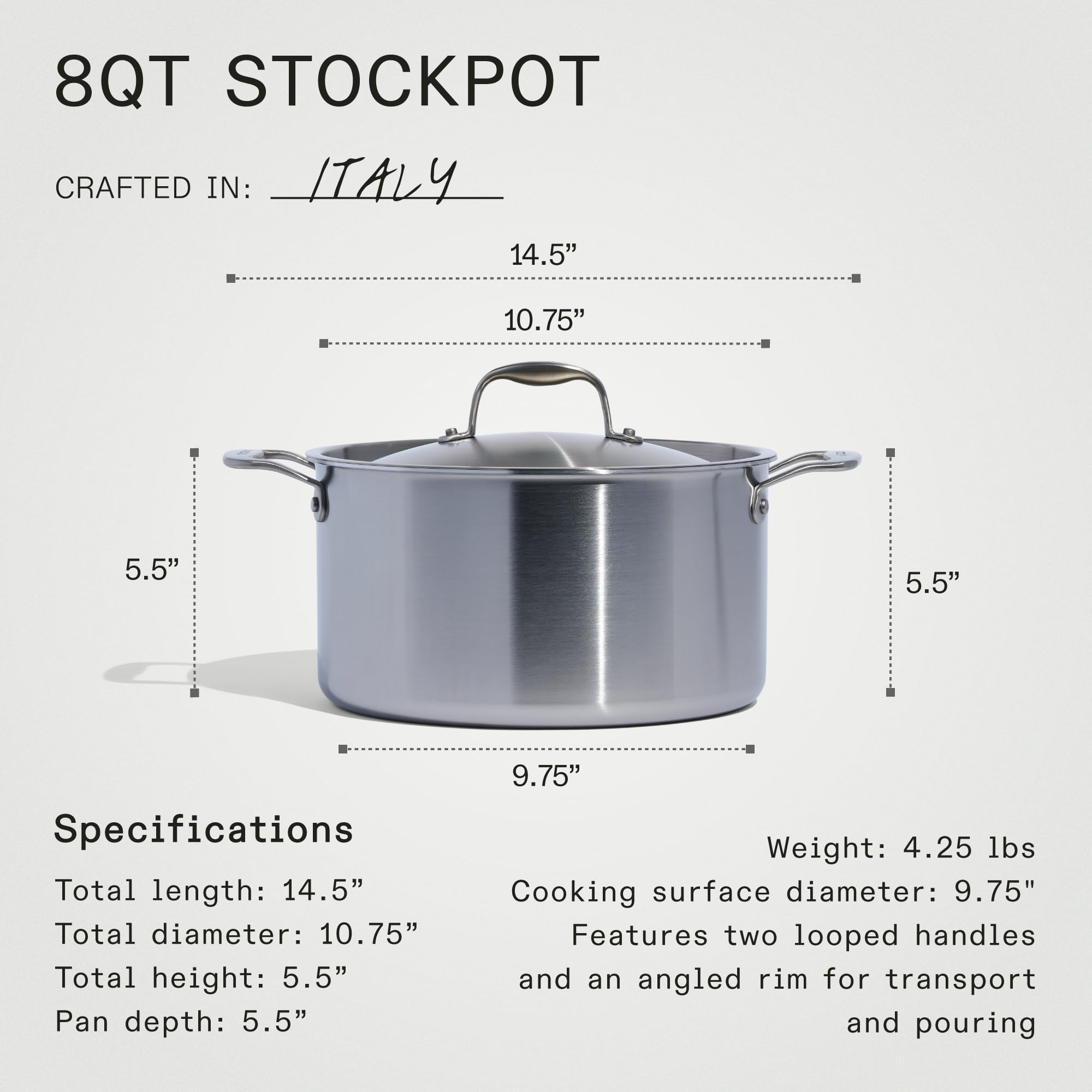 Made In Italian-crafted stock pot built with premium metals for longevity.