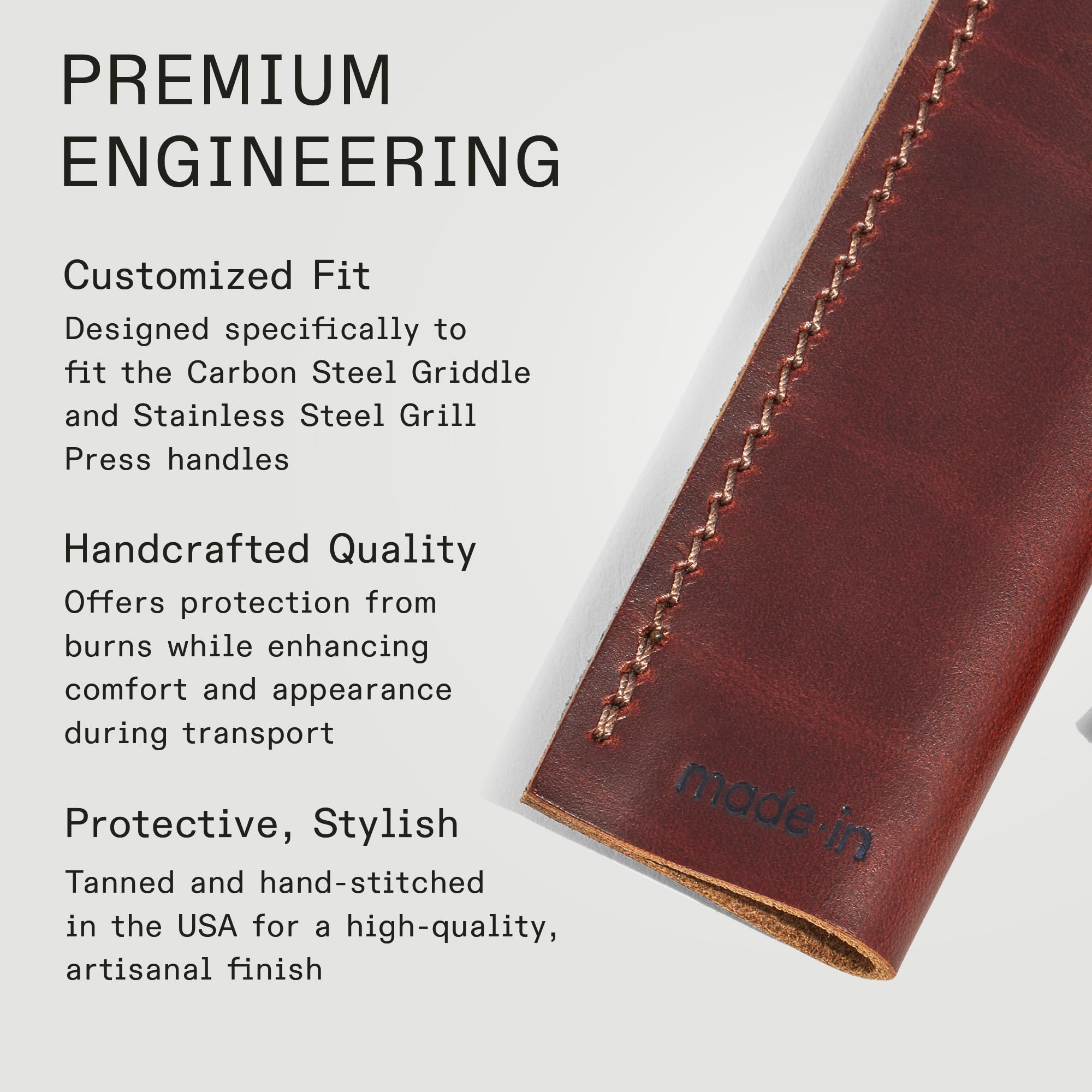 Made In leather handle covers set of two for convenient pairing.