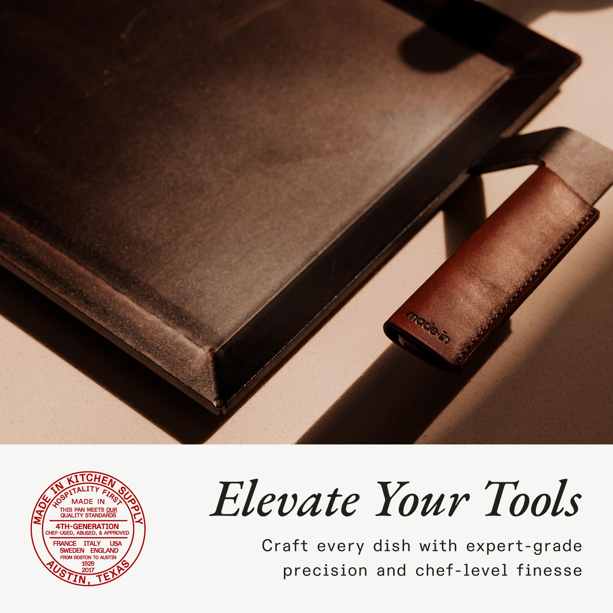 Made In leather handle covers stamped, coated, and assembled in the USA.