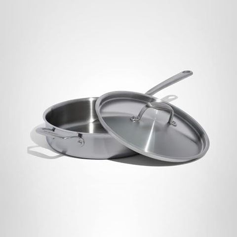 Made In 3.5-quart pan with lid in kitchen setting emphasizes versatility and containment.