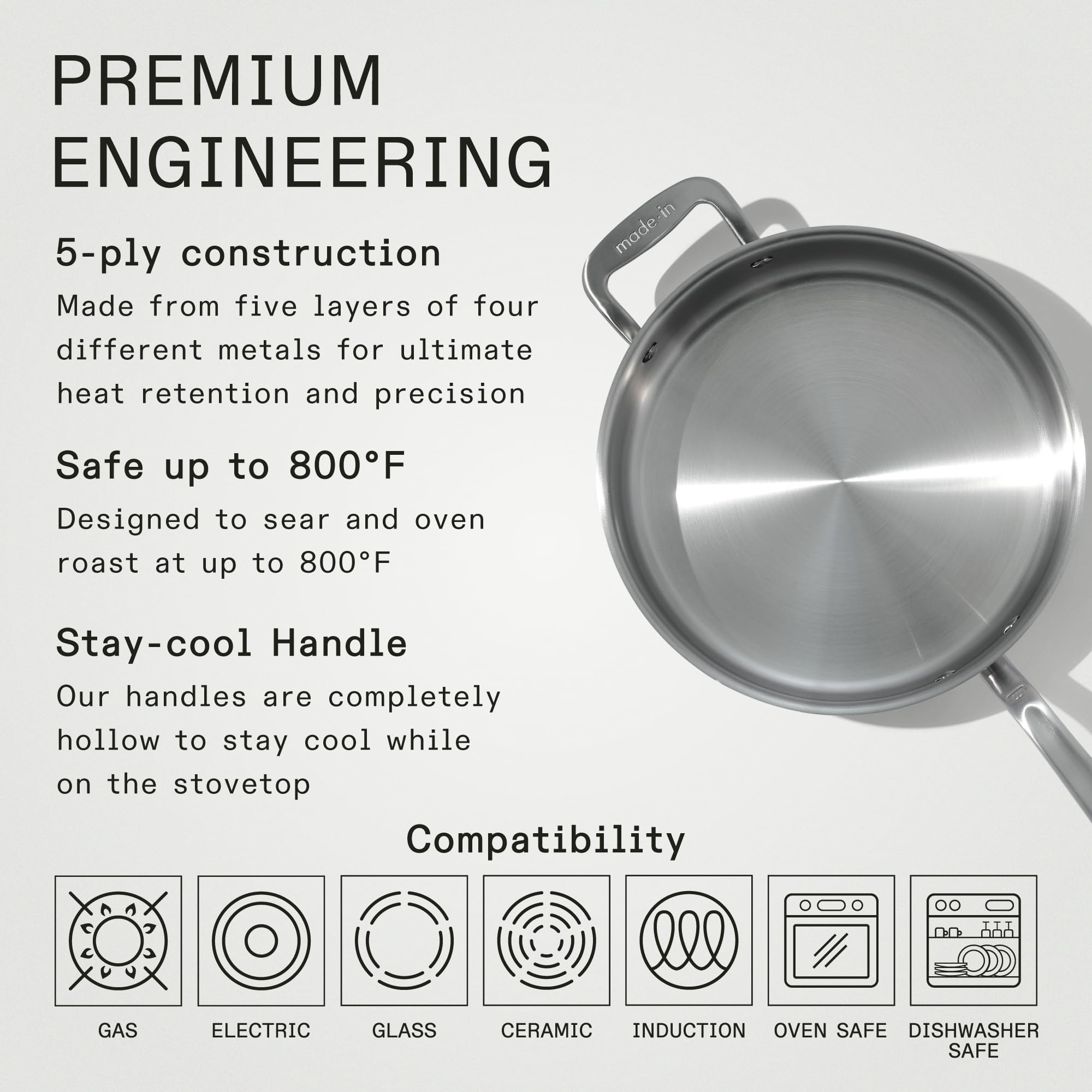 Made In sauté pan stay-cool handle demonstrates comfort during high-heat cooking.