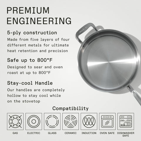 Made In sauté pan stay-cool handle demonstrates comfort during high-heat cooking.