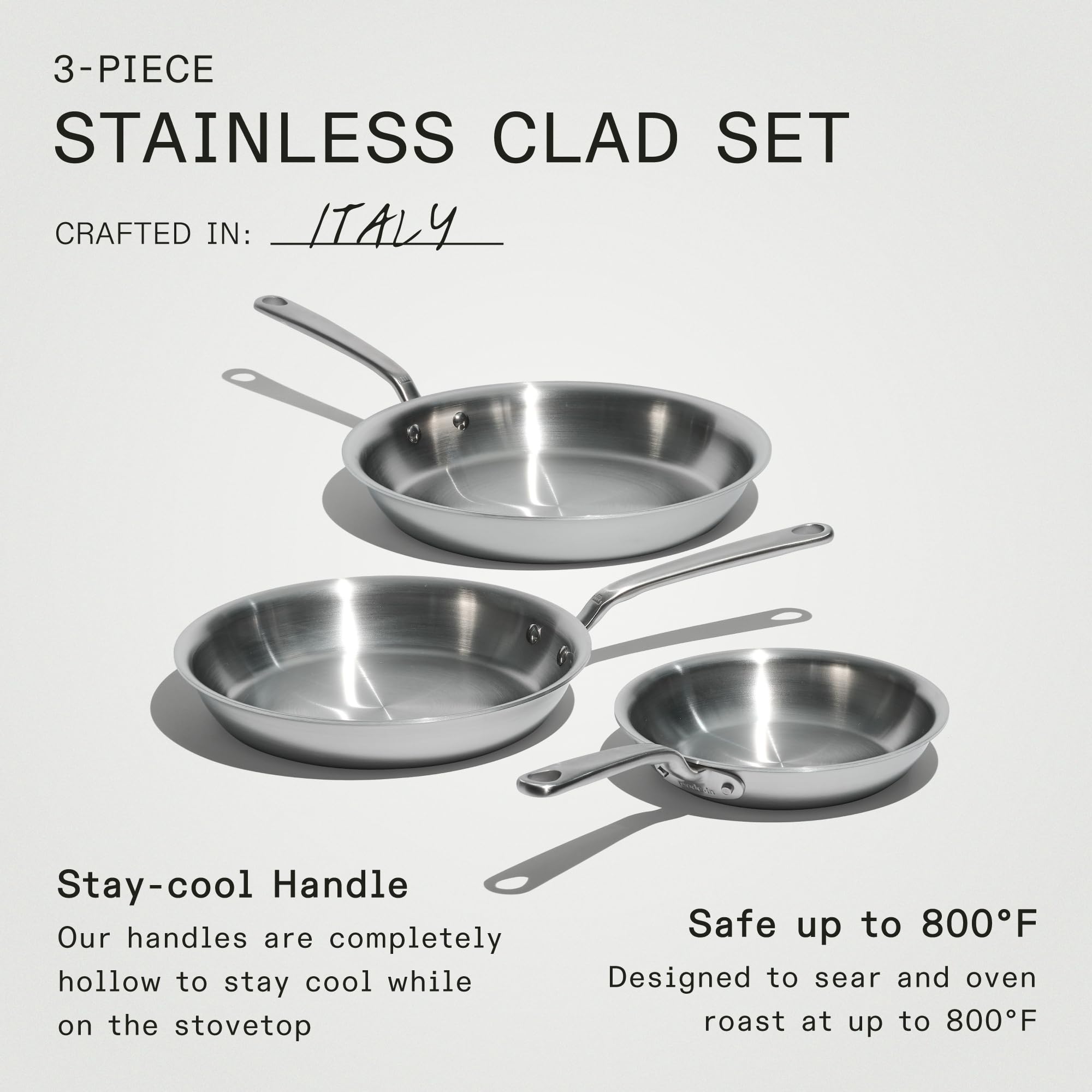 Made In stay-cool handle reduces heat transfer during long sauté sessions.
